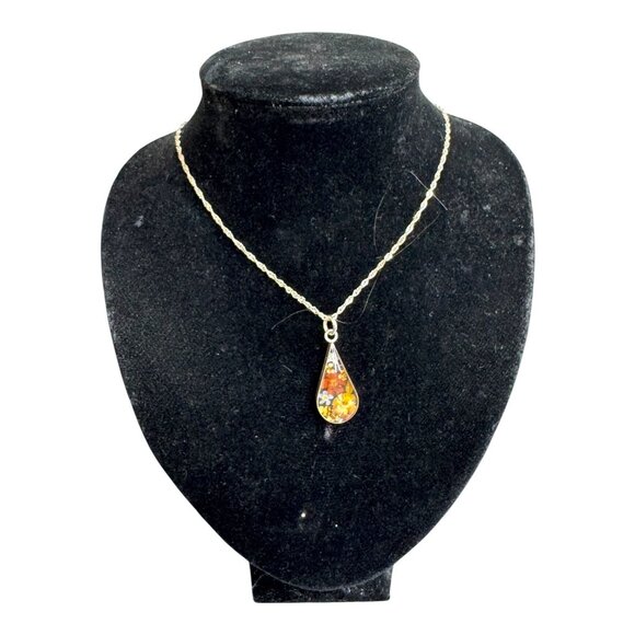 Sterling Silver Vintage Estate Dried Flower Resin Pendant Necklace Chain 20" - Picture 2 of 8